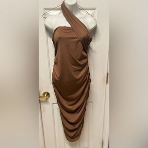 One  Shoulder Midi Dress Womens Large Mocha Asymmetric Cut